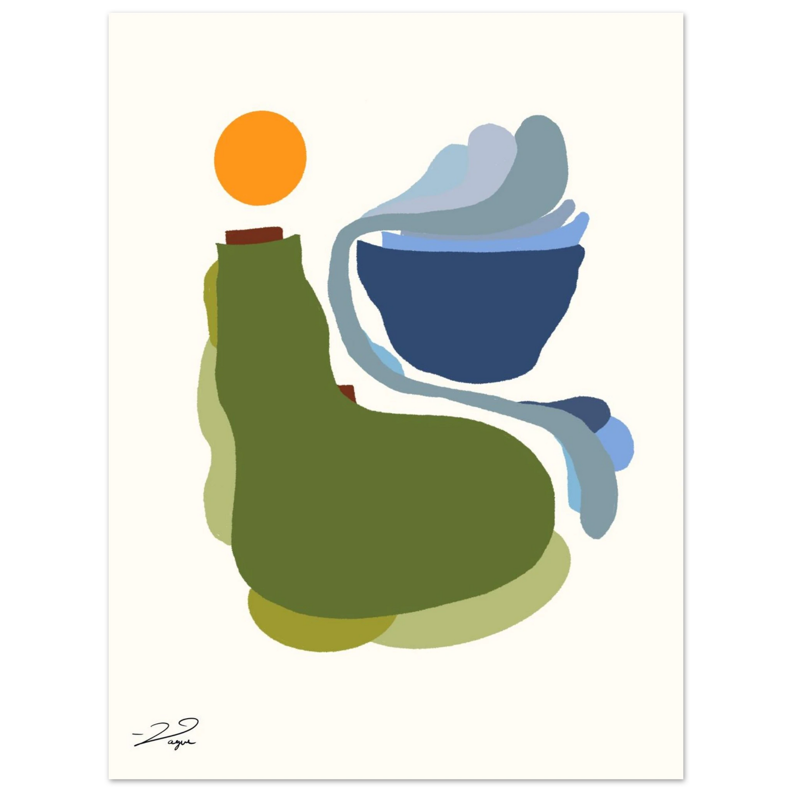 White-framed abstract print with olive-green bottle shape, blue curves, and orange circle