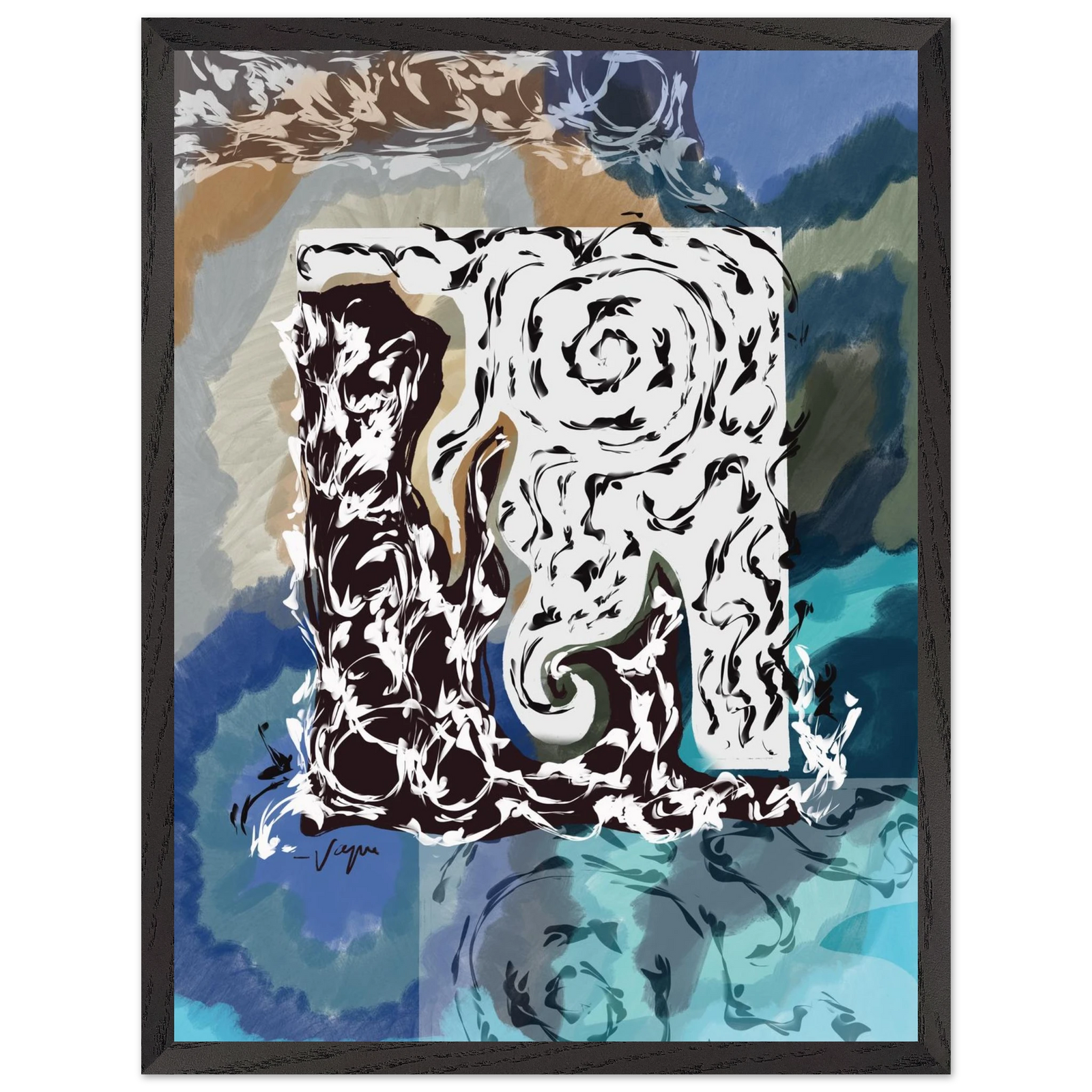 Framed wall art print with stylized dog portrait in black and white, teal-blue background, dark gray frame