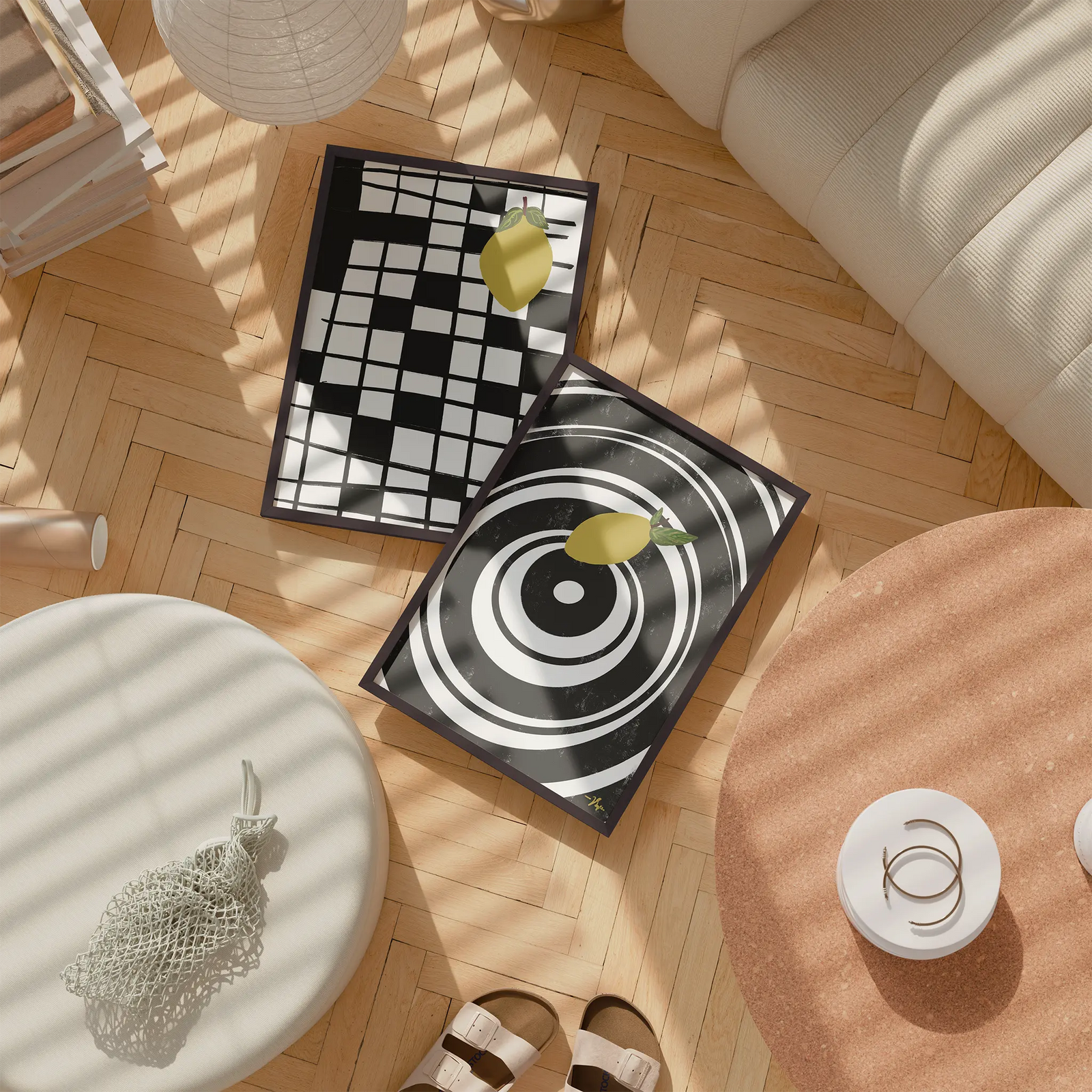 Framed lemon wall art with black-and-white target grid and yellow lemon illustration