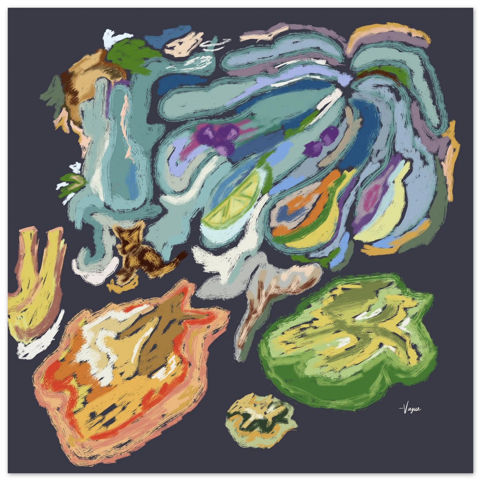 Unframed abstract wall art with multicolor paint strokes on dark background