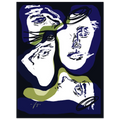 Wall art print, abstract face illustration in blue and green, no visible frame.