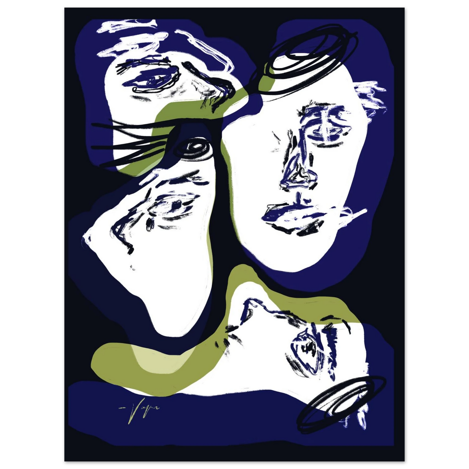 Wall art print, abstract face illustration in blue and green, no visible frame.