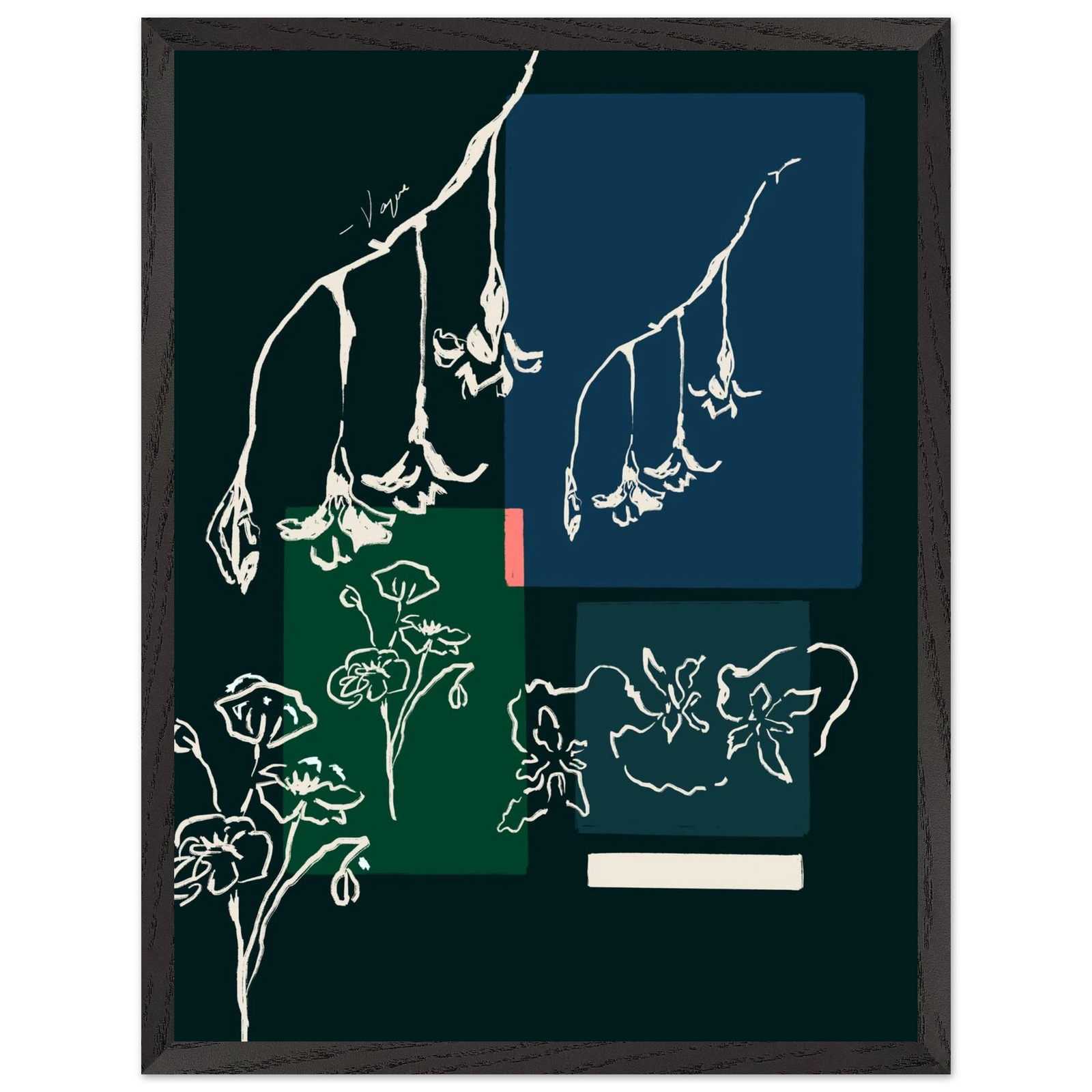Framed wall art with dark gray frame and white botanical line illustration
