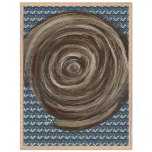 Abstract matte paper poster with circular swirl in tan and brown, in a light wood frame.