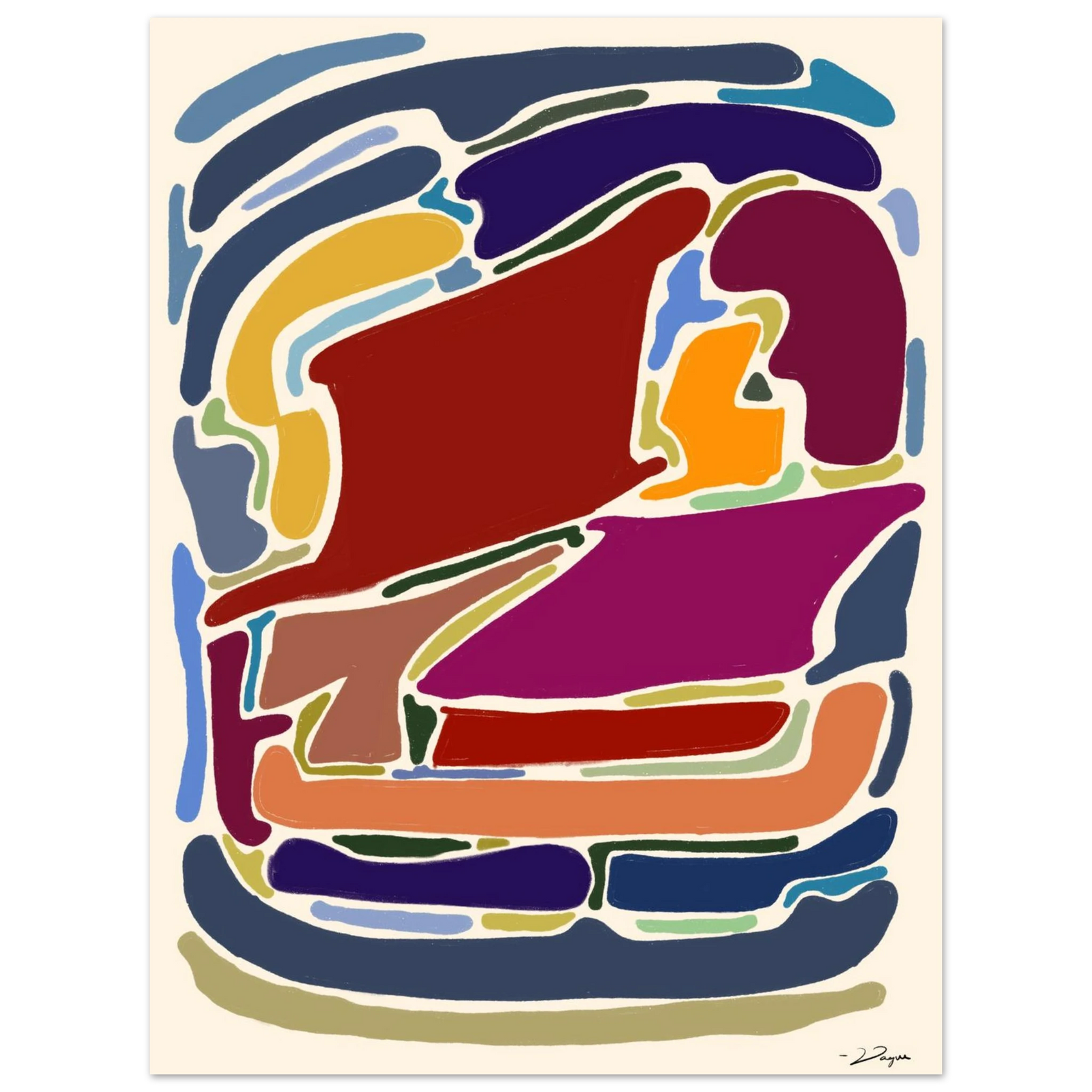 Framed abstract art print with colorful geometric shapes, full view, white frame