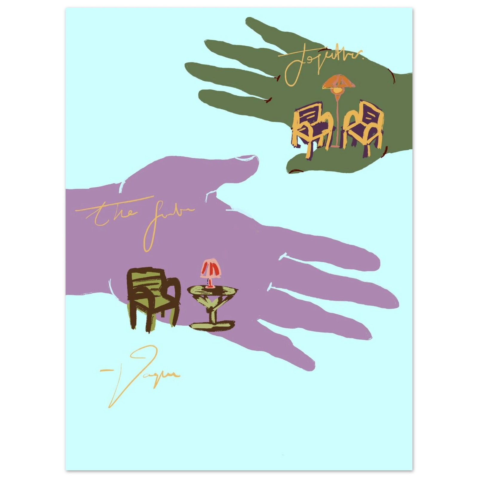 Palmistry wall art print with illustrated hands, chair and candle, in silver border