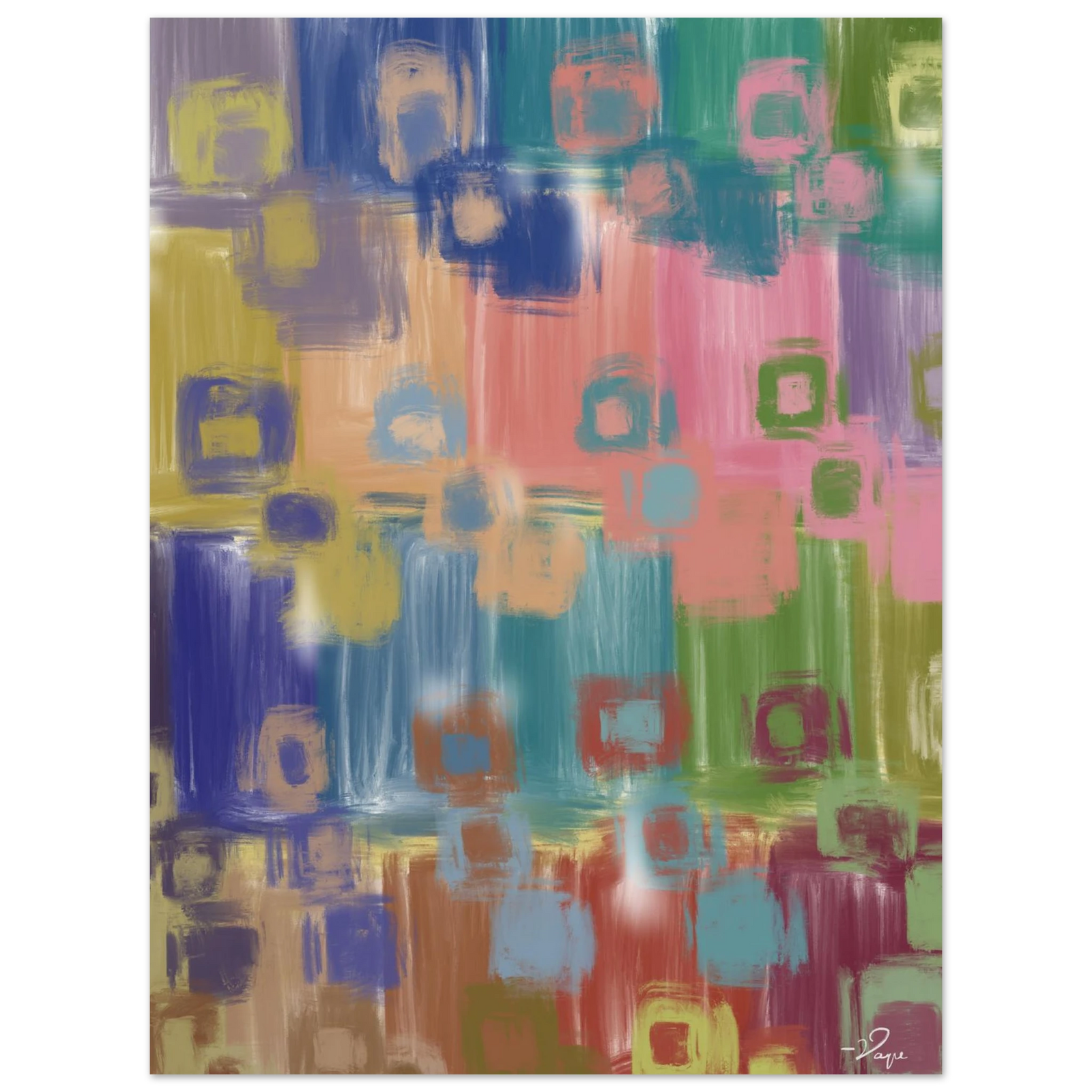 Framed abstract wall art print with colorful square brushstrokes; light frame border.