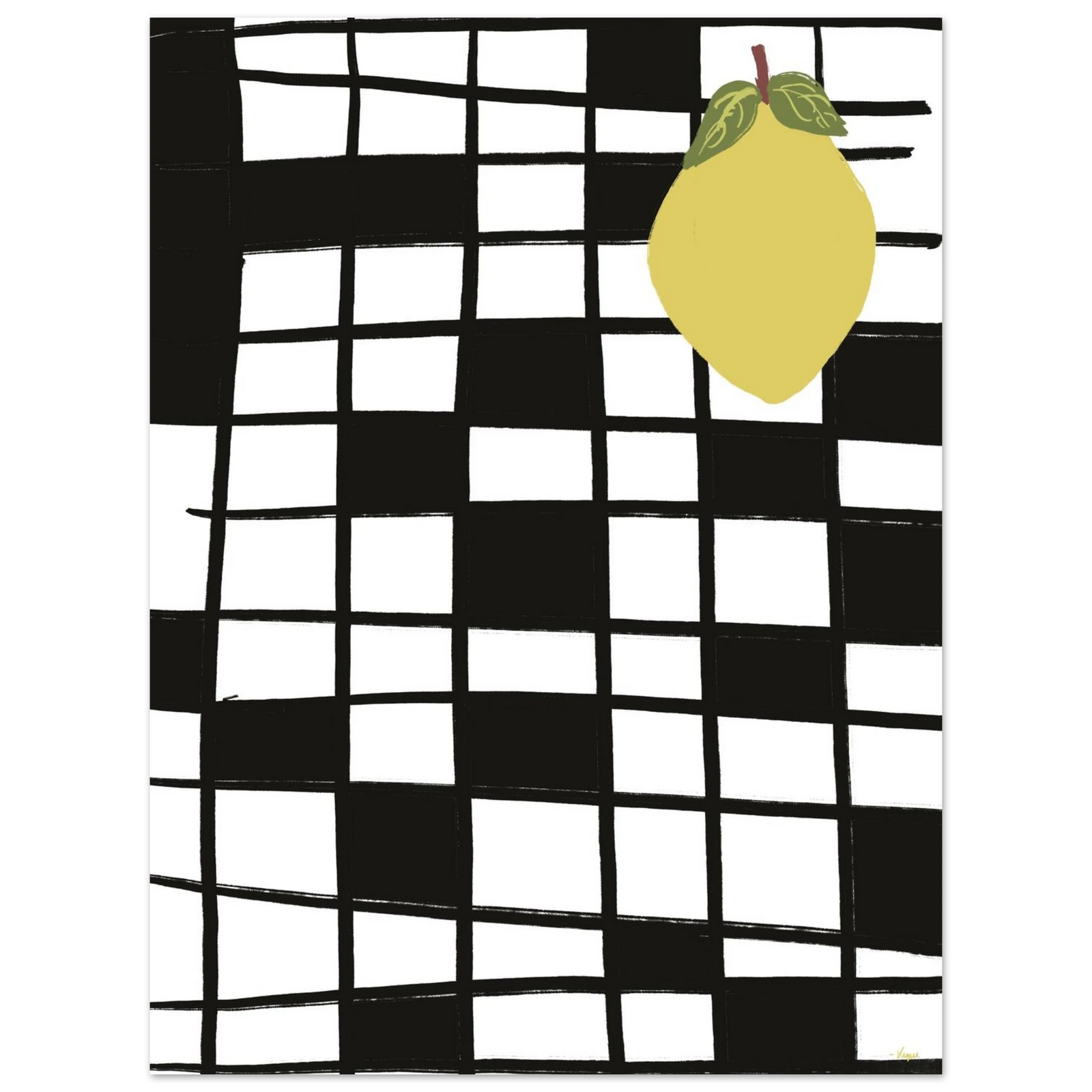 Black-and-white grid art print with yellow lemon illustration, thin black frame