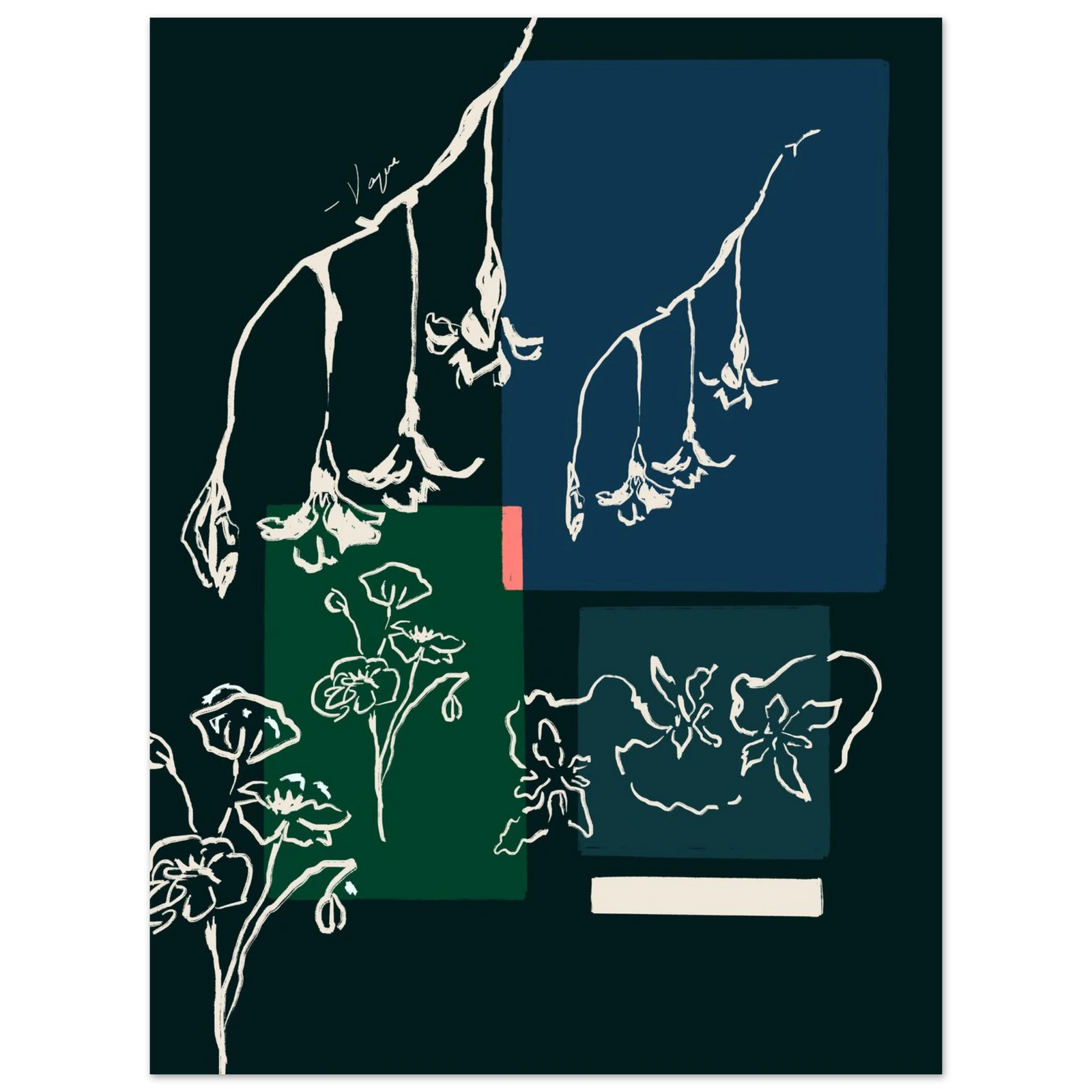 Framed wall art with black frame and botanical line illustration with blue and green blocks