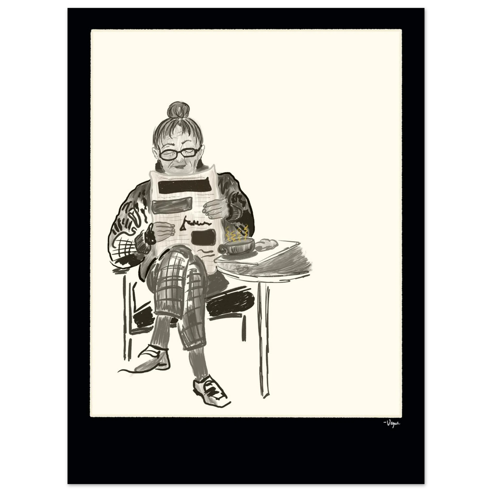 Black-framed ink illustration of a person reading a tablet at a desk