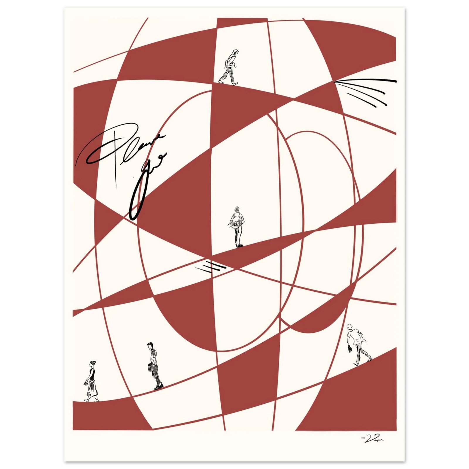 Framed abstract wall art with red geometric pattern and small figures; white frame
