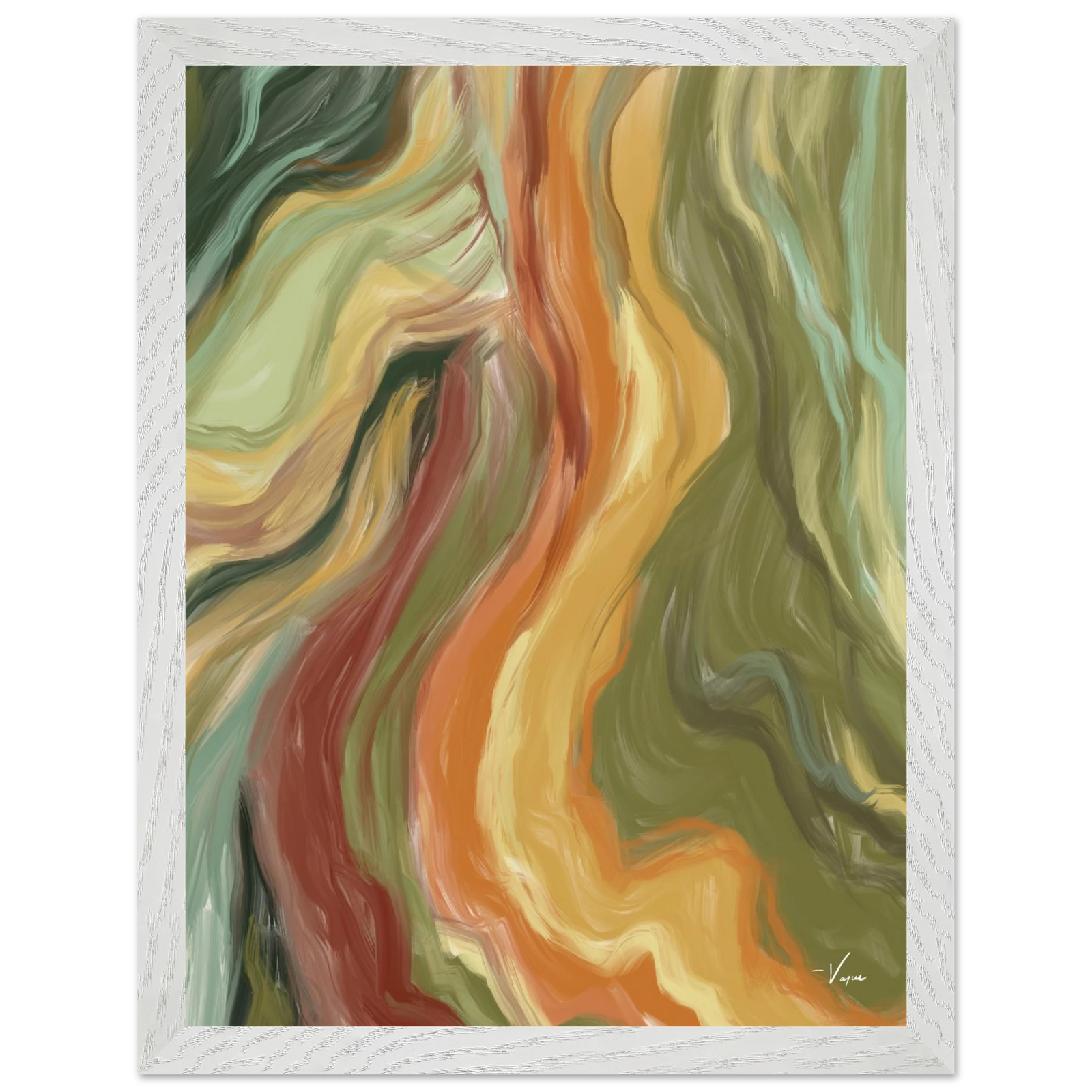 White framed abstract wall art with flowing multicolor curves in green, orange, and red