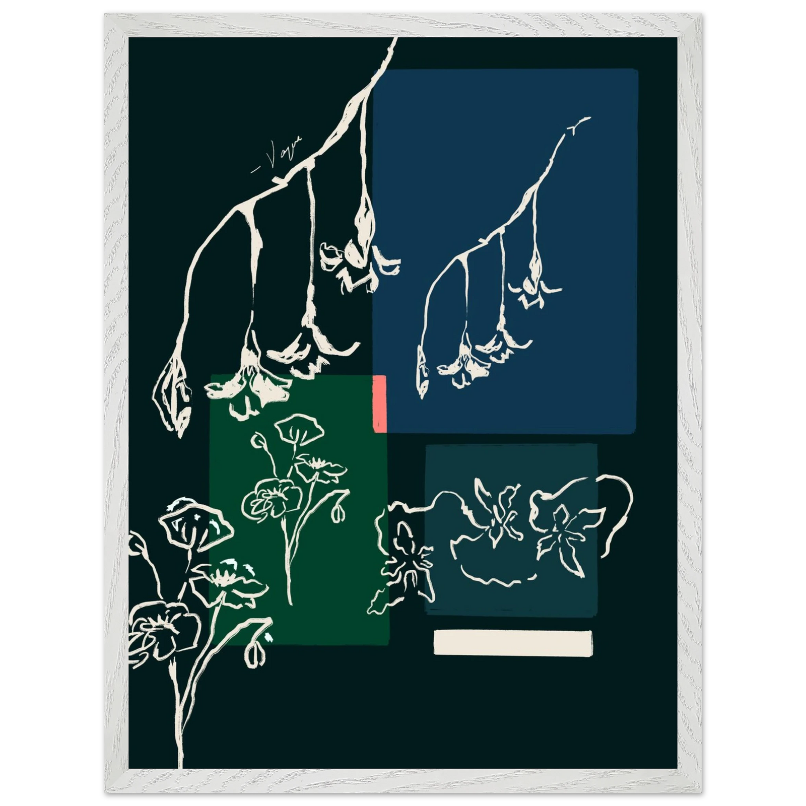 Framed wall art with white frame and botanical line illustration on dark green