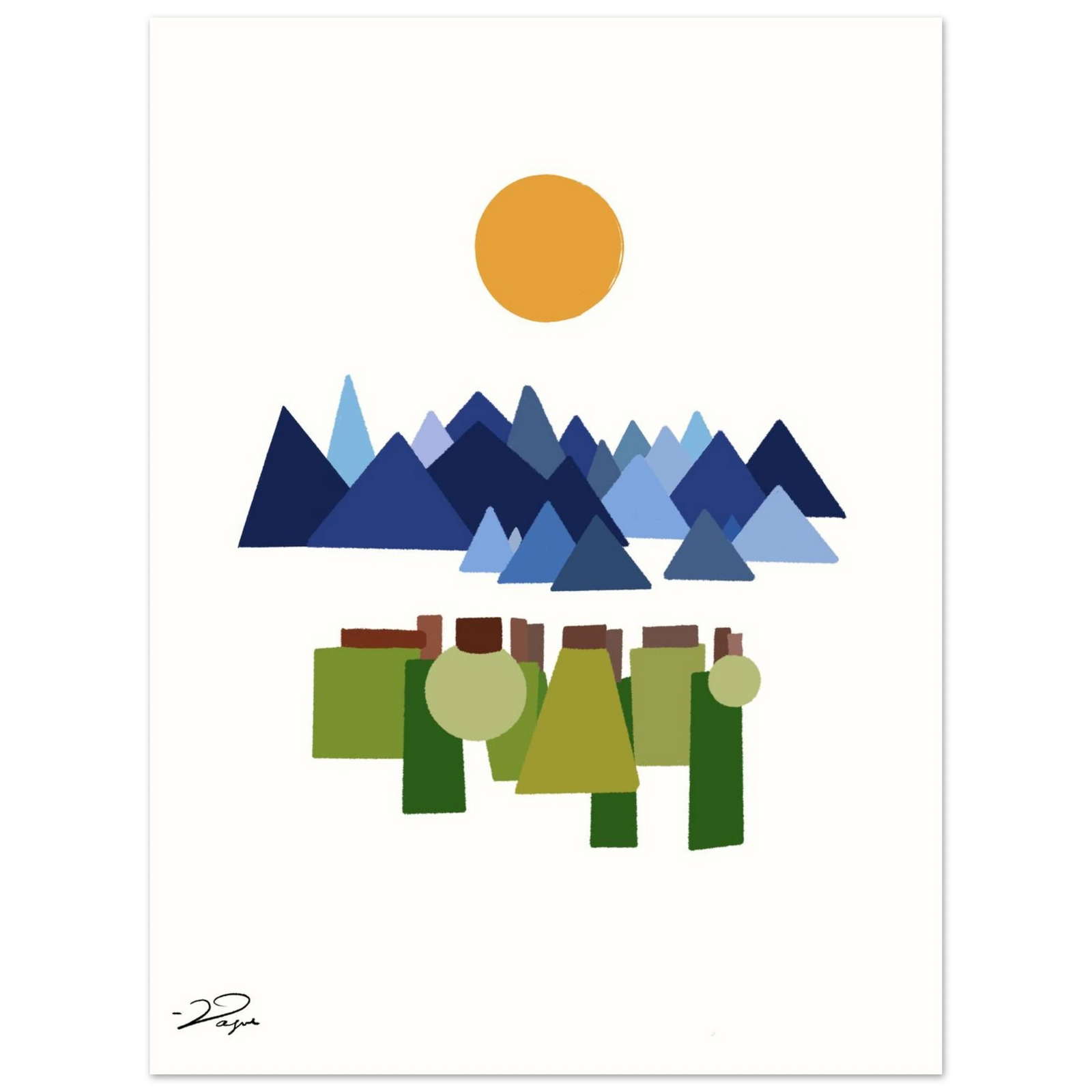 Framed abstract landscape print, white border, orange sun, blue mountains, green figures
