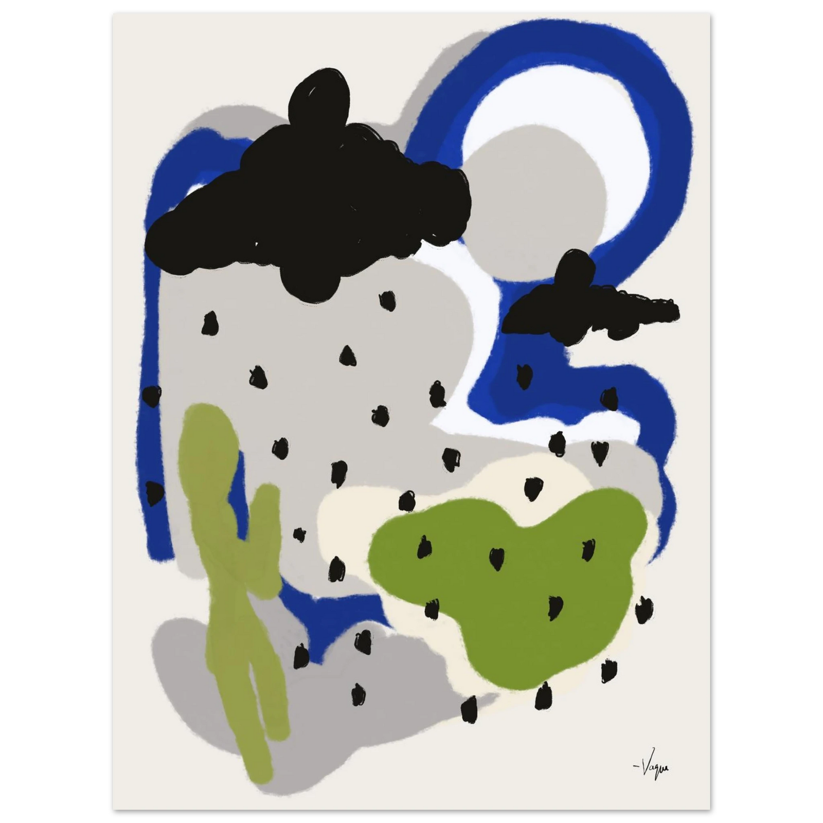 Framed abstract wall art with blue swirl, black cloud, and green raindrop shapes on light background