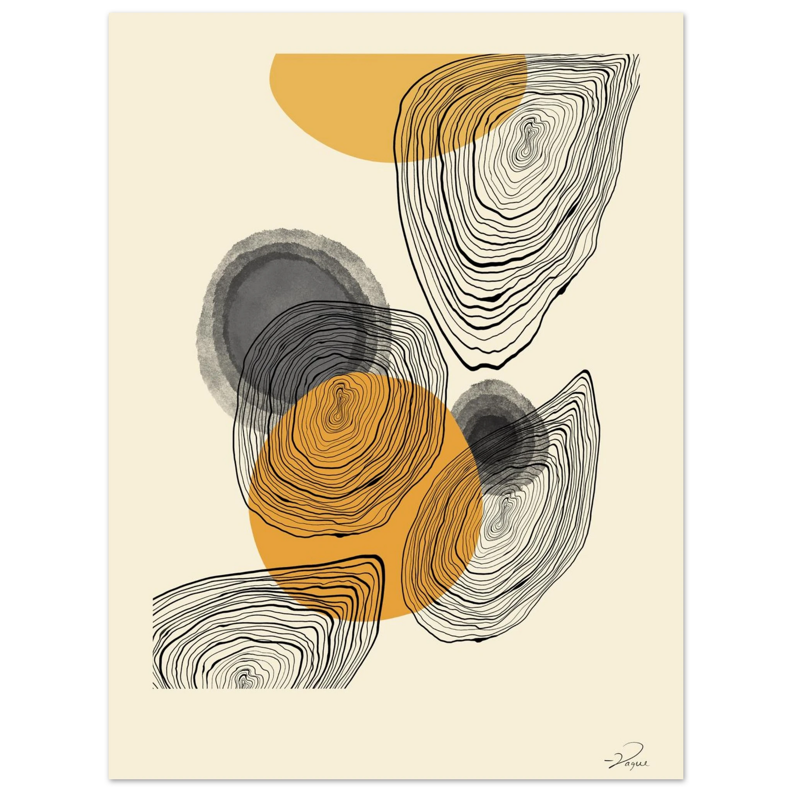 Framed fingerprint line print with light frame, orange and gray lines over cream mat.