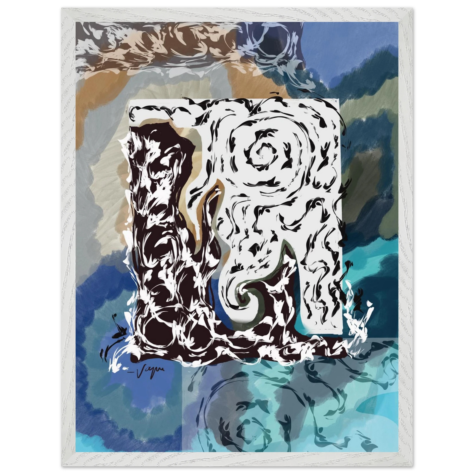 Framed wall art print with stylized dog portrait in black and white, blue-teal background, white frame