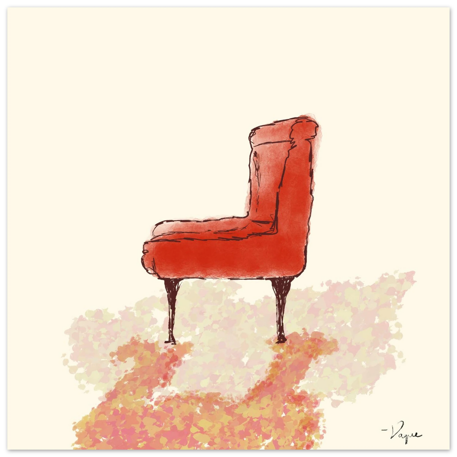Wall art print of a red-orange upholstered chair with slender legs