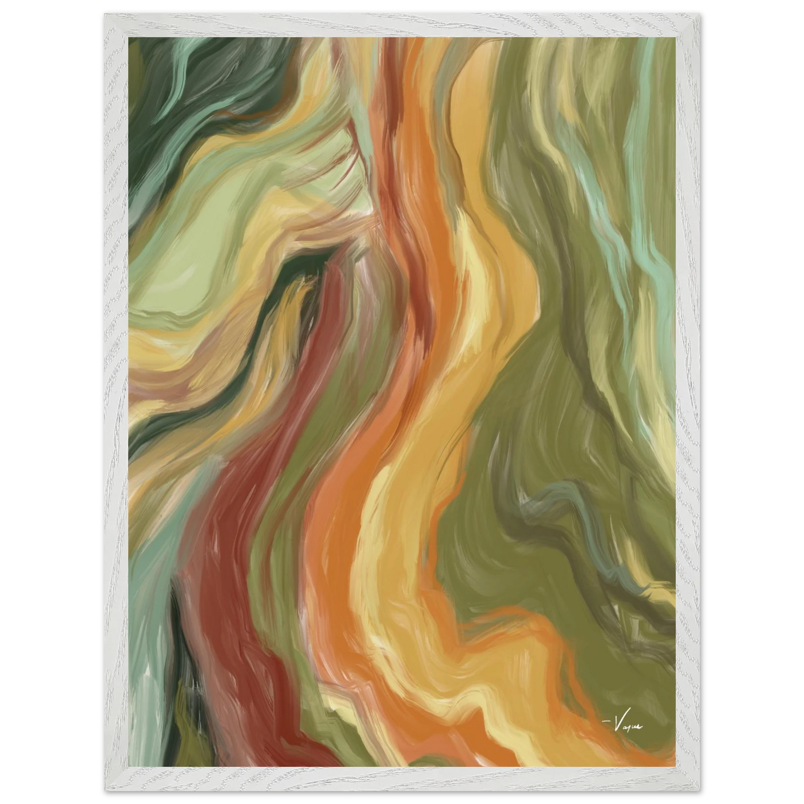 White framed abstract wall art with multicolor flowing ribbon shapes in green, orange, and red