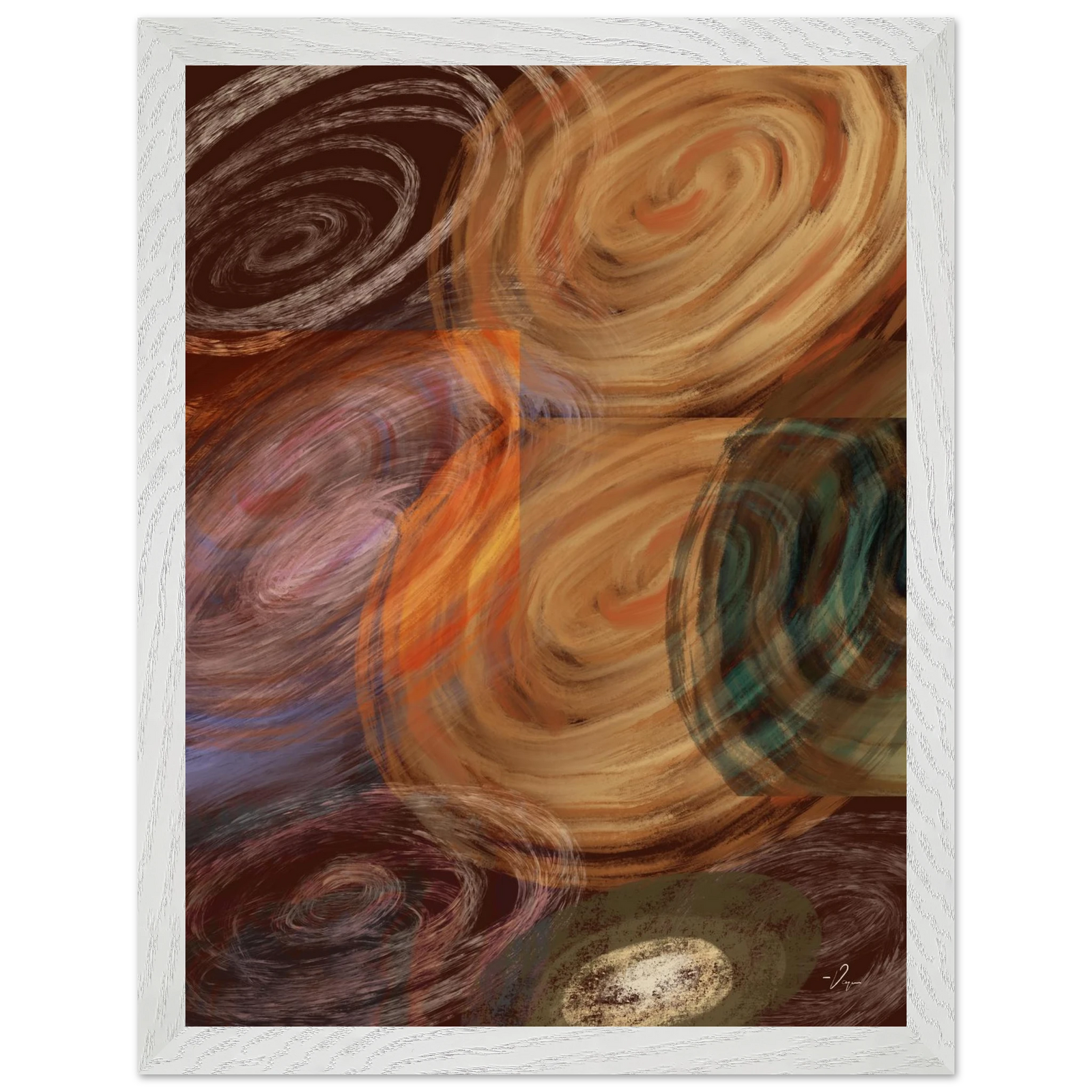 White-framed abstract wall art with swirling tan, brown, orange, and teal forms