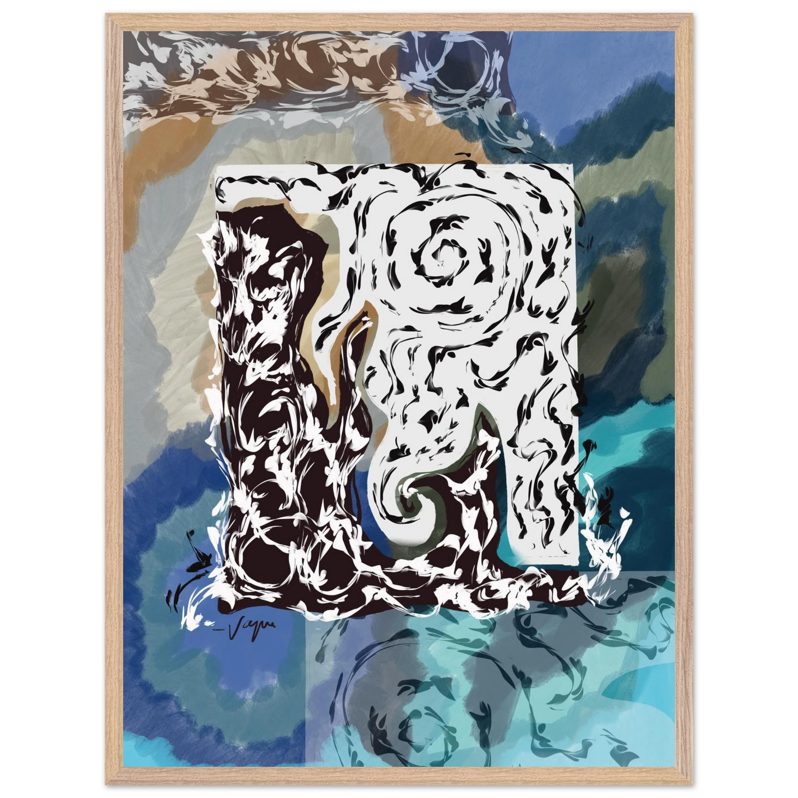 Framed art print with light wood frame and stylized black-and-white animal portrait