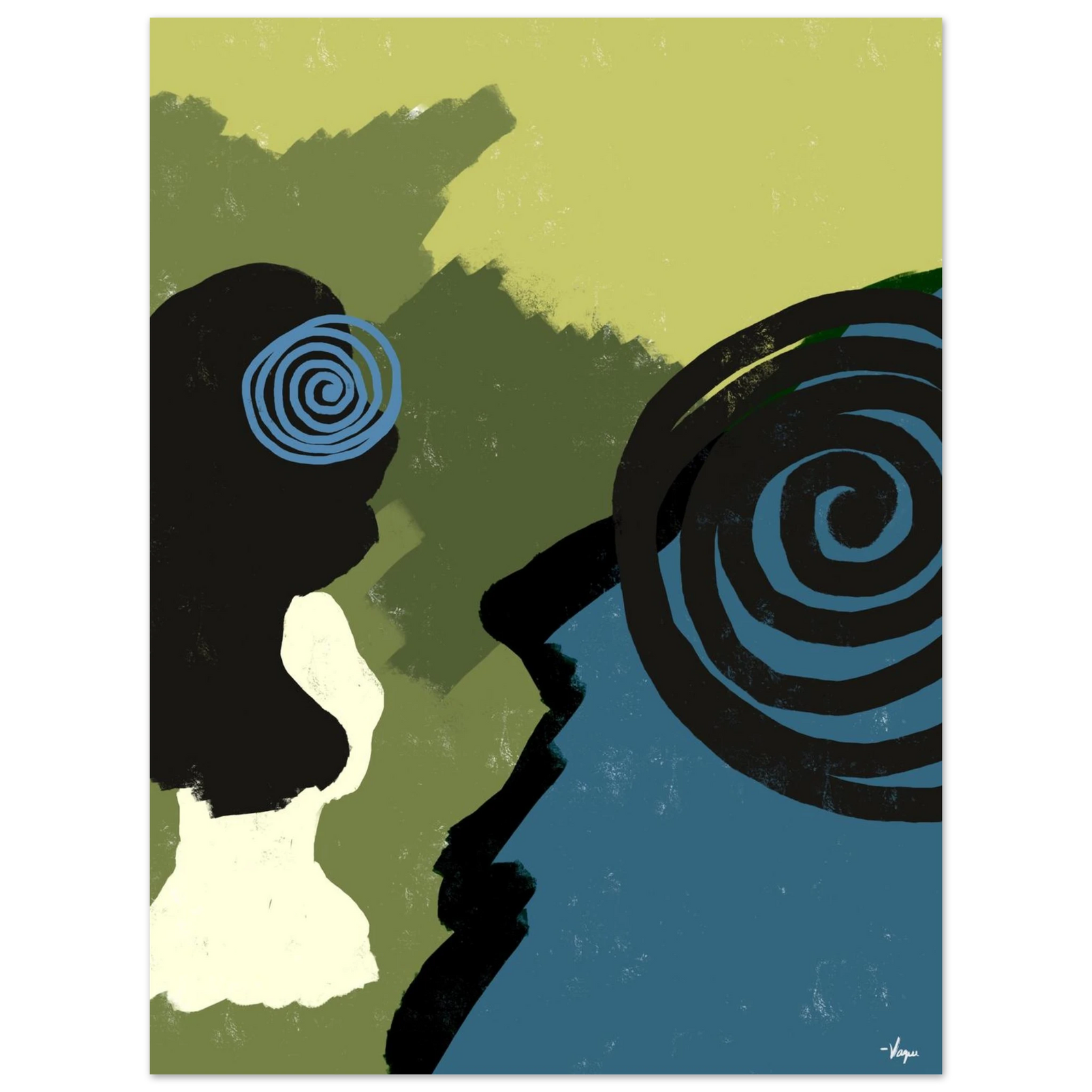 Framed wall art print with abstract two-face silhouette and spiral eyes; lime and blue.