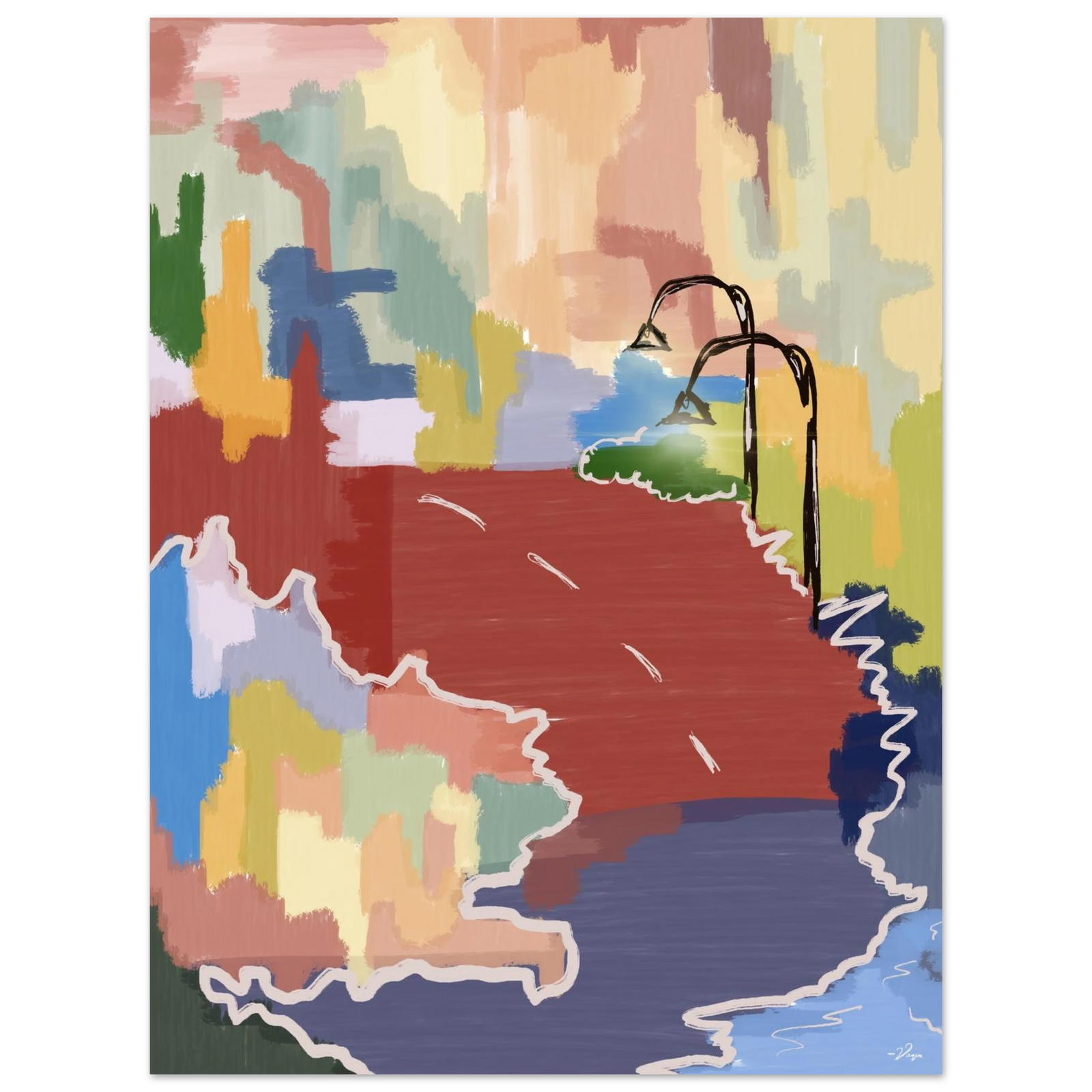 Framed wall art with abstract multicolor landscape and black border frame