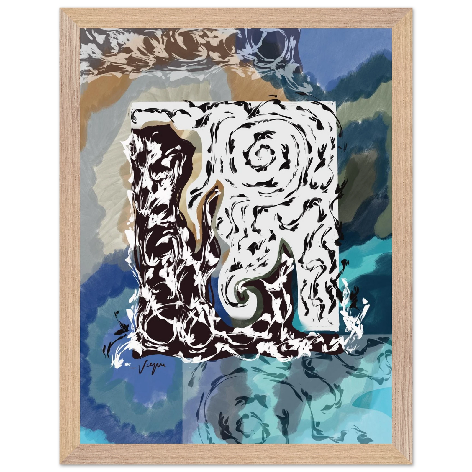 Framed wall art print with stylized dog portrait in black and white, teal-blue background, light wood frame