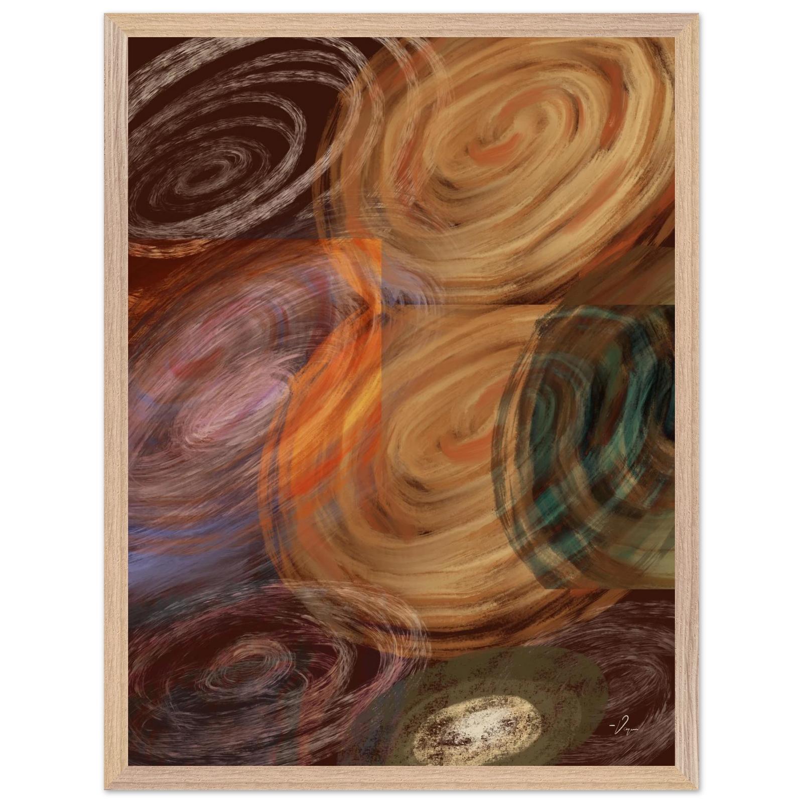 Wood-framed abstract wall art with sweeping swirls in tan, brown, orange, and teal