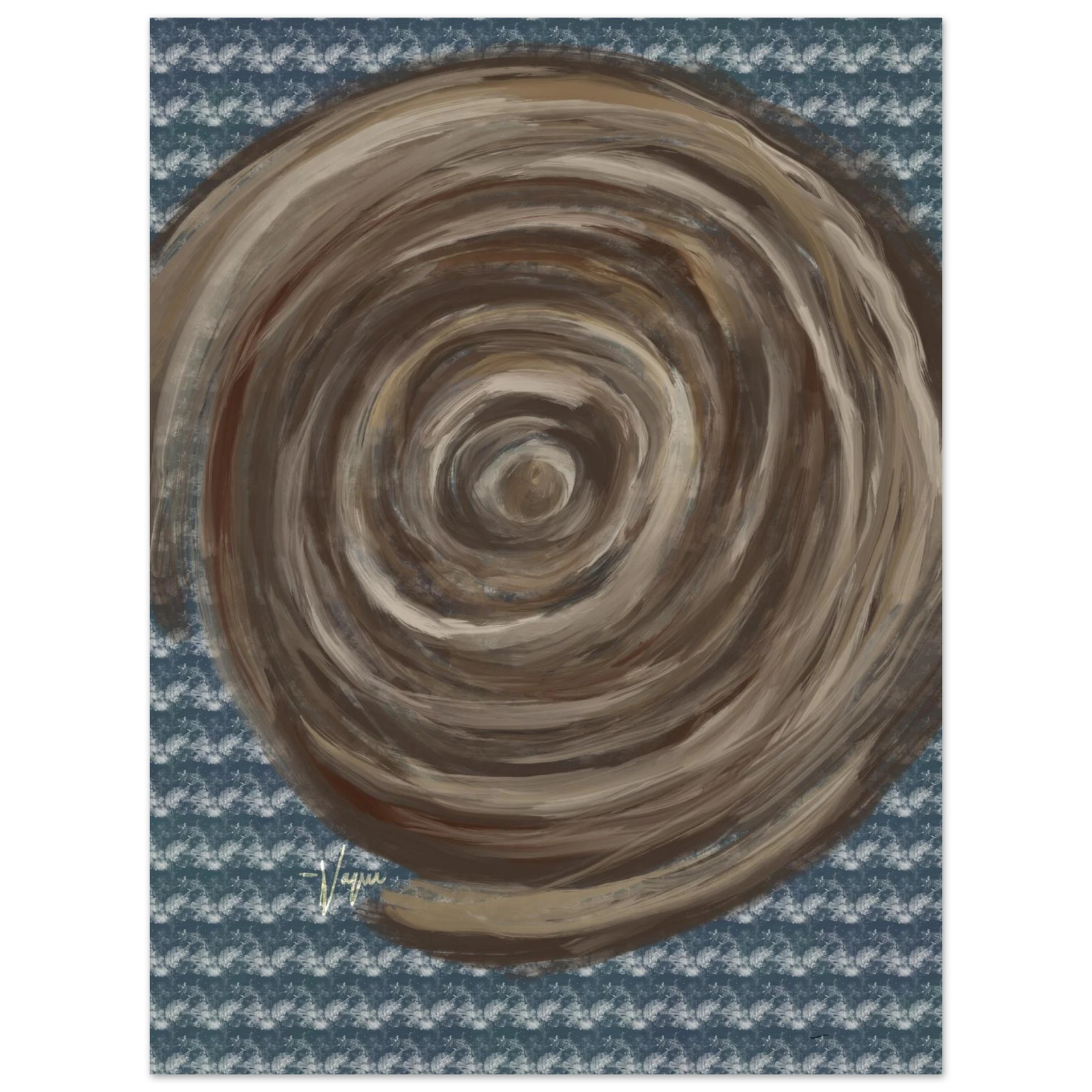 Matte paper poster with abstract swirl, silver-gray frame, on blue speckled artwork