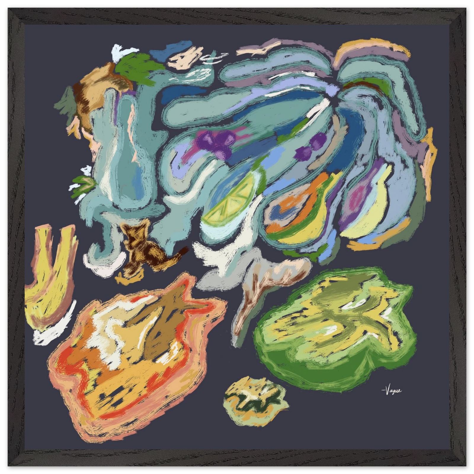 Unframed abstract painting with bold teal and lime green paint strokes