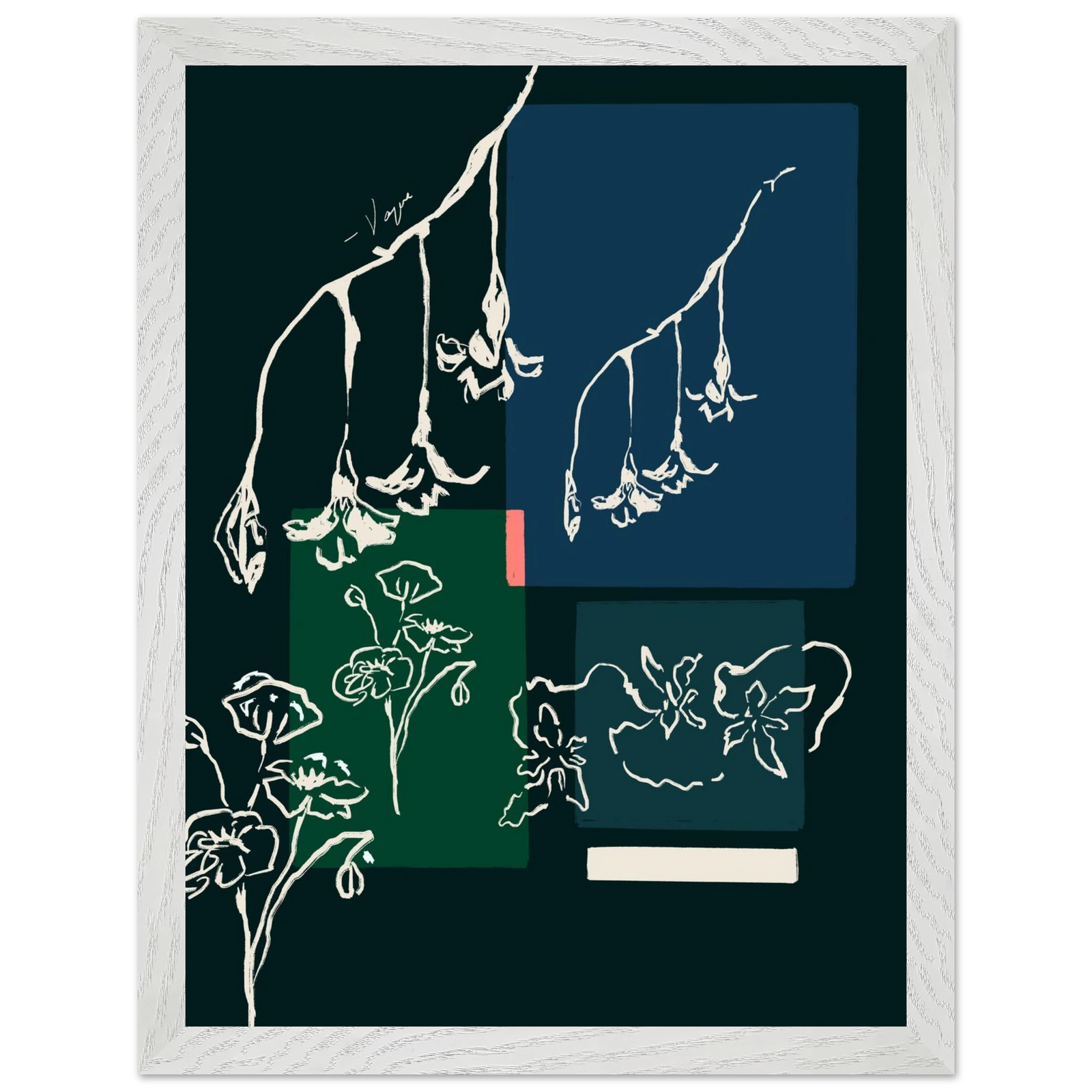 Framed wall art with white border and botanical line illustration on dark green