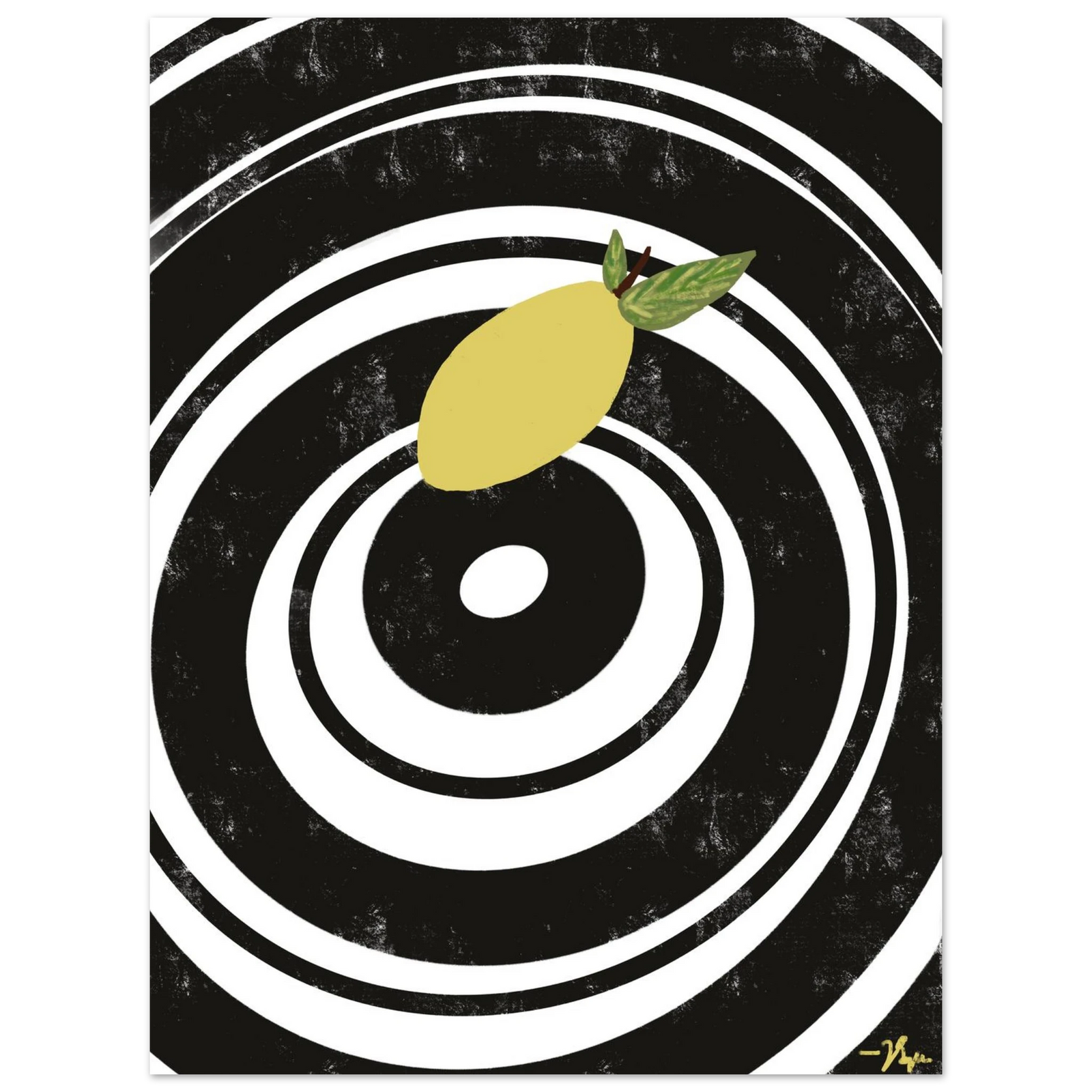 Square lemon illustration wall art with white concentric circle lines