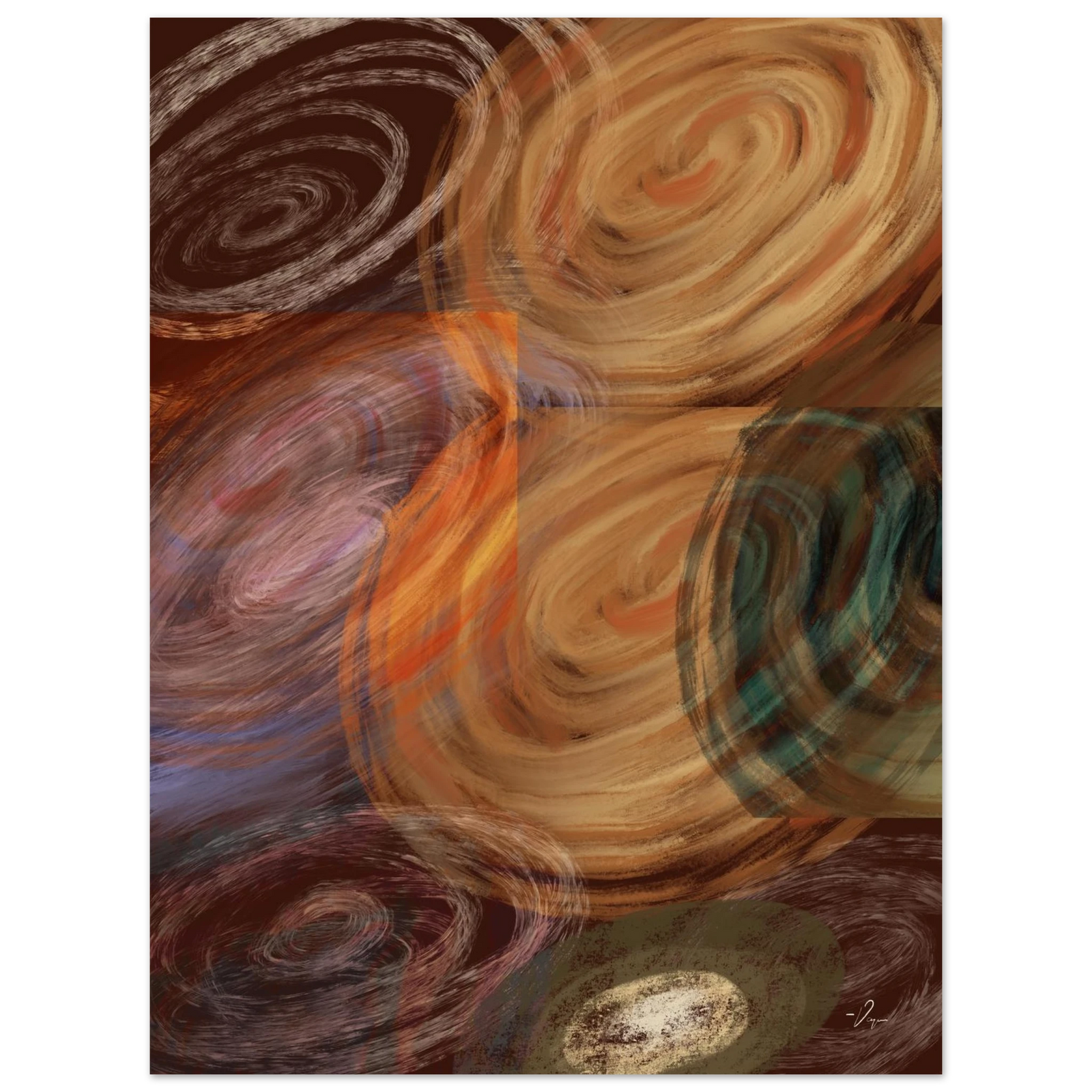 Black-framed abstract wall art with swirling tan, brown, orange, and teal shapes