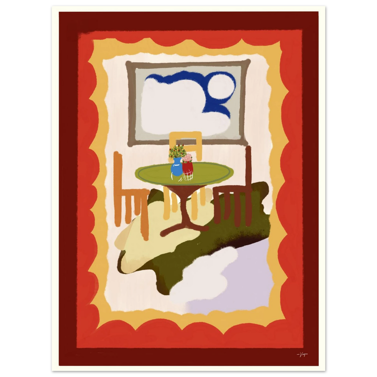 Framed wall art with white frame, red backdrop, green round table and chair